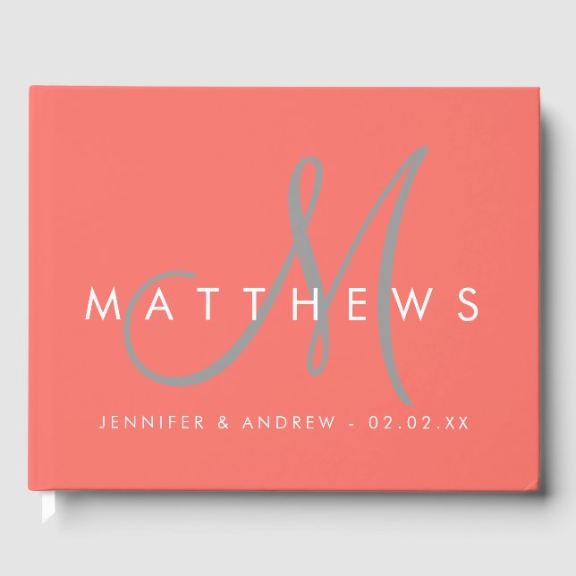 Minimalist Coral Modern Grey Monogram Wedding Guest Book (Front)