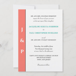 Minimalist Coral Turquoise Monogram Invitation