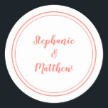 Minimalist Coral White Wedding Bride Groom Favour Classic Round Sticker<br><div class="desc">Simple, minimalist and chic Wedding design features bride & groom's names in a modern design with a double framed border in Coral on a chic crisp white background. The modern design is simple and chic. Personalise wedding details with your names in trendy black script. Be sure to see the collection...</div>