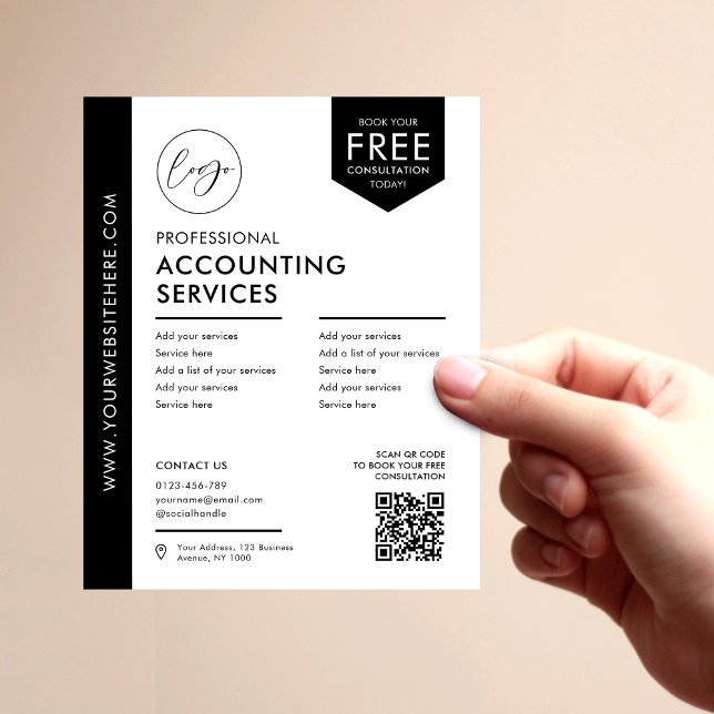 Minimalist Corporate Business Logo Marketing Flyer (Minimalist black and white professional business marketing flyer with QR code & Logo)