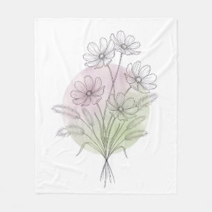 Minimalist Cosmos Botanical Line Art Lavender Sage Fleece Blanket