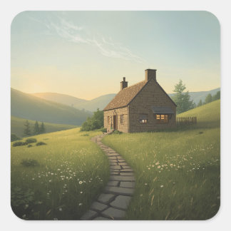 minimalist countryside cottage paintings square sticker