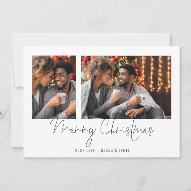 Minimalist Couple 2 Photos Script Merry Christmas Holiday Card (Front)