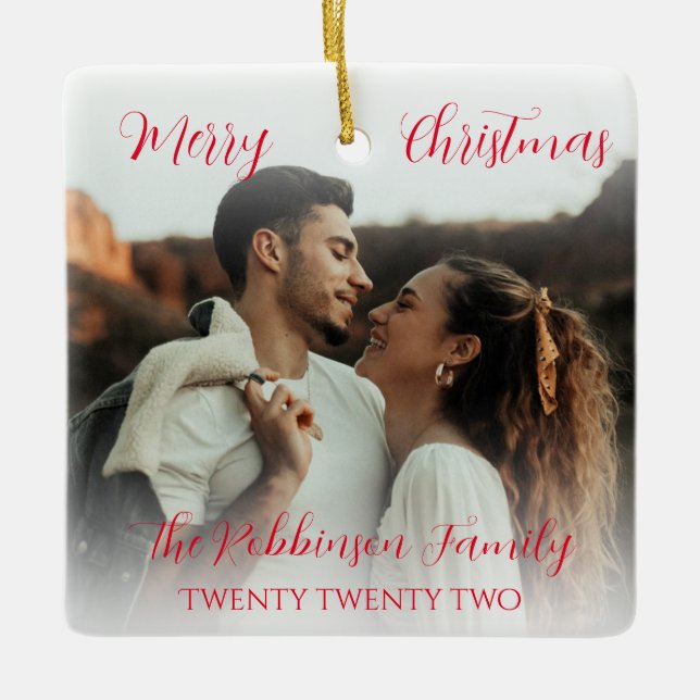 Minimalist Couple Double sided Photo Red Script Ceramic Ornament (Front)