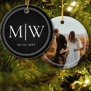 Minimalist Couple Monogram Photo Black Holiday Ceramic Tree Decoration