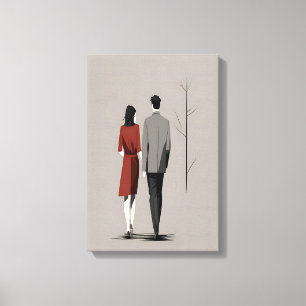 Minimalist Couple Walking Together Modern Line Art Canvas Print