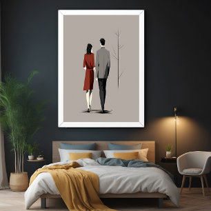 Minimalist Couple Walking Together Modern Line Art Poster