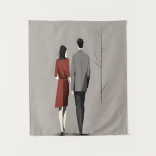 Minimalist Couple Walking Together Modern Line Art Tapestry