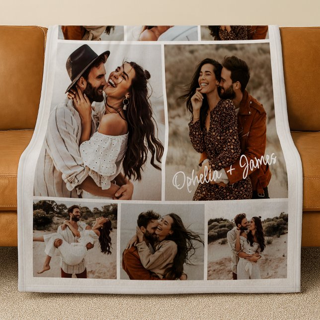 Minimalist Couple's 8 Photo Collage & Text Gift Fleece Blanket (Creator Uploaded)