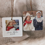 Minimalist Couples Keepsake Photo Ceramic Ornament<br><div class="desc">This minimalist couples keepsake photo ceramic ornament is the perfect simple Christmas tree decoration. The design features classic black and white typography paired with a rustic yet elegant script font with hand lettered style. Personalise the front of this keepsake ornament with a photo, your names and the year. Personalise the...</div>
