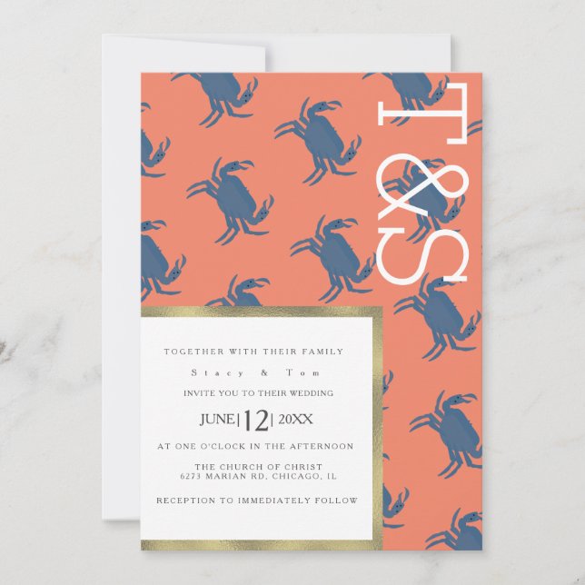 Minimalist Crab Broil Gold Typography Wedding Invitation (Front)