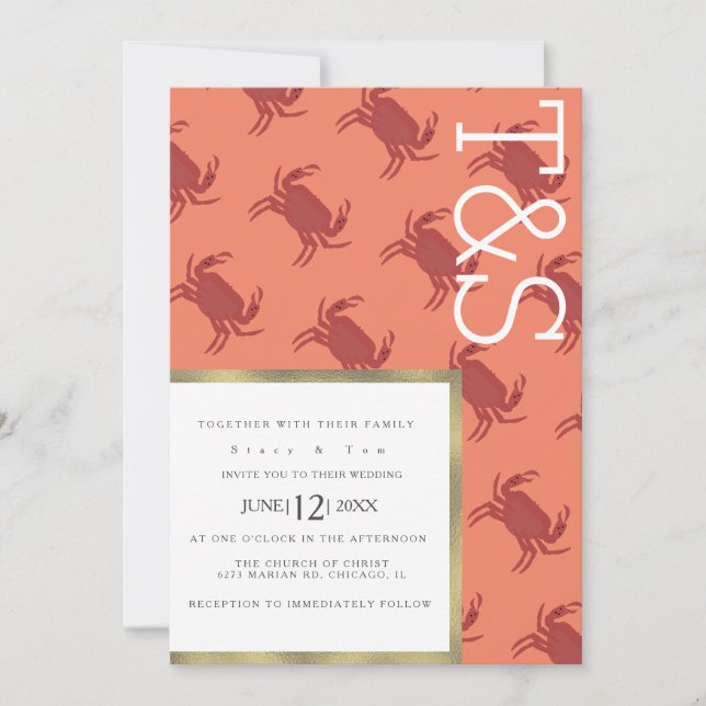 Minimalist Crab Broil Gold Typography Wedding Invitation (Front)