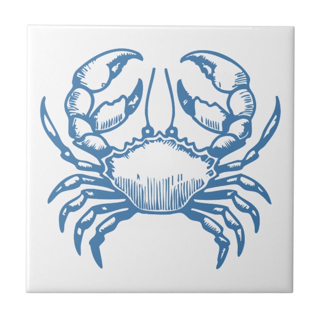 Minimalist Crab Line Art Blue Outline Coastal Deco Tile (Front)