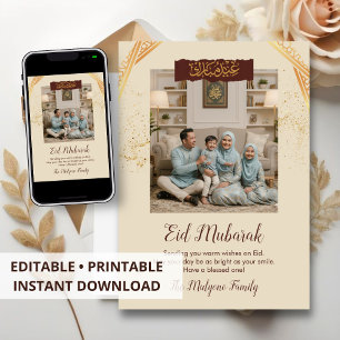 Minimalist Cream and Gold Eid Mubarak Family Photo Holiday Card