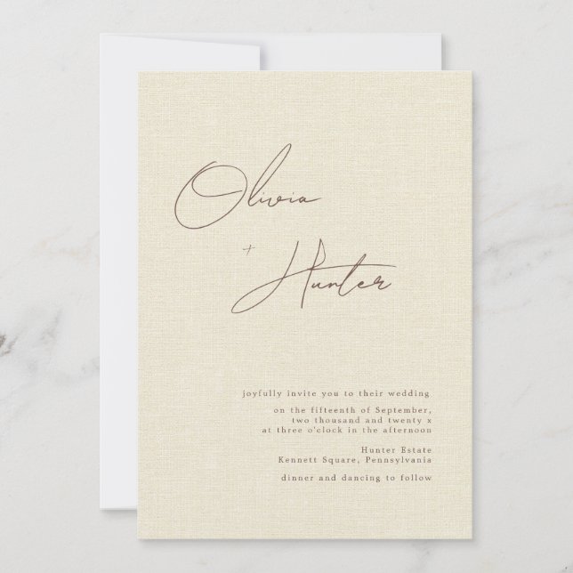 Minimalist Cream Faux Linen Wedding Invitation (Front)
