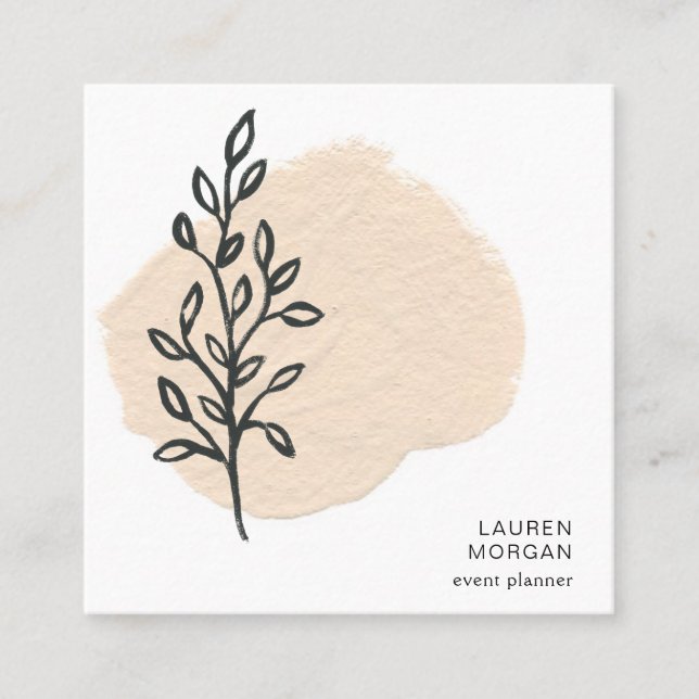 Minimalist Creme texture black floral Square Business Card (Front)