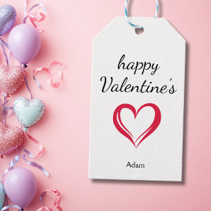 Minimalist Crimson Heart Happy Valentines Name Gift Tags