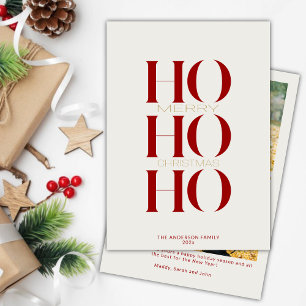 Minimalist Crimson Red "HO HO HO" Photo Christmas  Holiday Card