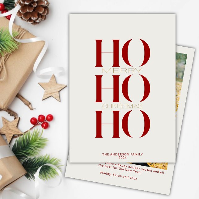 Minimalist Crimson Red "HO HO HO" Photo Christmas  Holiday Card (Creator Uploaded)