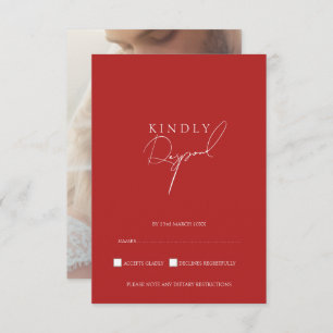 Minimalist Crimson Red Script Photo Wedding RSVP Card