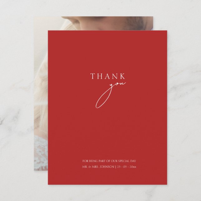 Minimalist Crimson Red Script Photo Wedding Thank You Card (Front/Back)