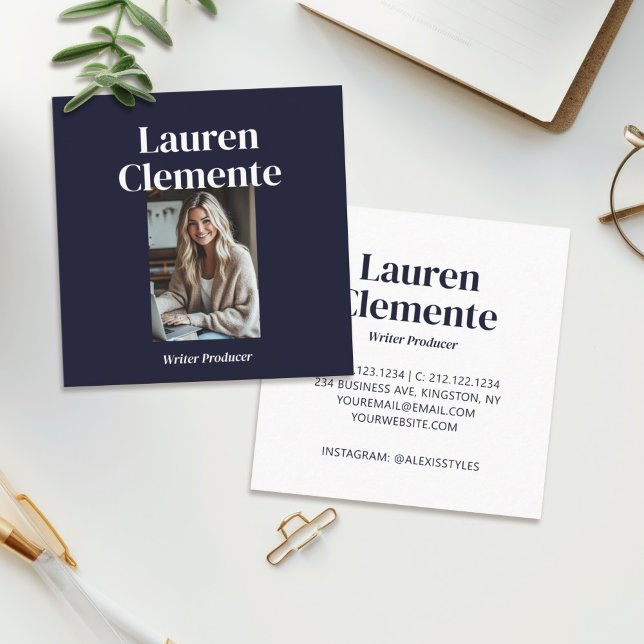 Minimalist Crisp Simple Photo Elegant Dark Navy Square Business Card (Creator Uploaded)