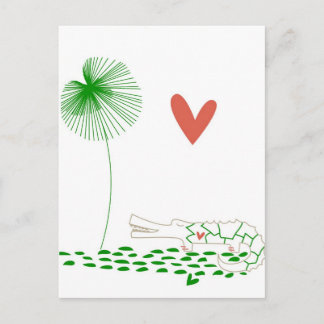 Minimalist Crocodile with heart and green flower. Postcard