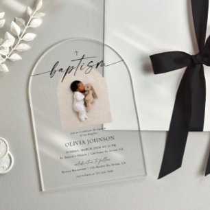 Minimalist Cross Baptism Christening Photo Arch Acrylic Invitations