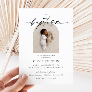 Minimalist Cross Baptism Photo Invitation