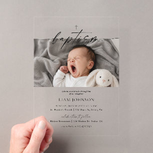 Minimalist Cross Photo Baptism Acrylic Invitations