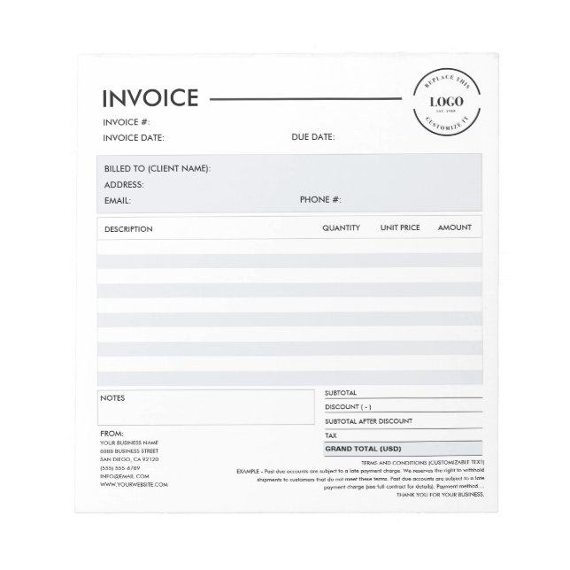Minimalist Custom Business Invoice Sales Receipt Notepad (Front)
