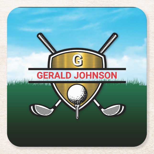 Minimalist Custom Elegant Golf Monogram Square Paper Coaster (Front)