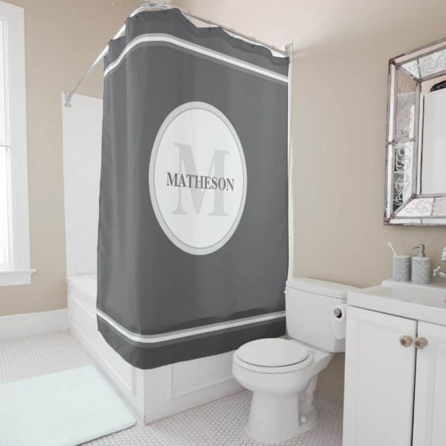 Minimalist Custom Hotel Monogram Chic Grey Shower Curtain (In Situ)