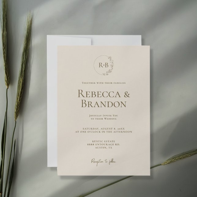 Minimalist Custom Monogram Floral Wreath Neutral Invitation (Monogram minimalist wedding invitation. Cream and brown earth tones.)