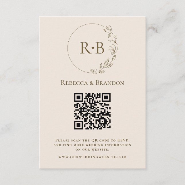 Minimalist Custom Monogram Neutral QR Code RSVP Enclosure Card (Front)