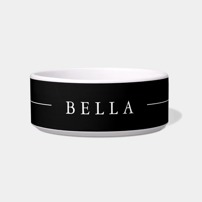 Minimalist Custom Name Black White Pet Bowl (Front)