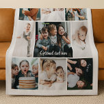 Minimalist Custom Text 9 Photo Collage Gift Fleece Blanket<br><div class="desc">Personalised photo collage blanket with custom text overlay and white border is a meaningful and stylish gift for family, friends, or grandparents. Featuring ten customisable photo slots in a clean grid layout, this soft blanket beautifully highlights your favourite memories, from candid everyday moments to special celebrations. A central script area...</div>