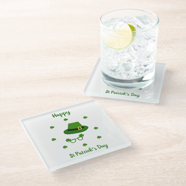 Minimalist  Cute Happy St Patrick's Day Glass Coaster (Angled)