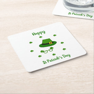 Minimalist Cute Happy St Patrick's Day Square Paper Coaster