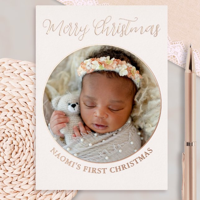Minimalist Cute Photo Merry Baby's First Christmas (A delightful personalized card for baby's first Christmas, with round 'frame' for your own photo)
