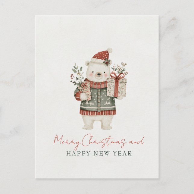 Minimalist Cute Polar Bear Christmas Postcard (Front)