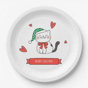 Minimalist Cute Santa Kitty Cat Meowy Christmas  Paper Plate