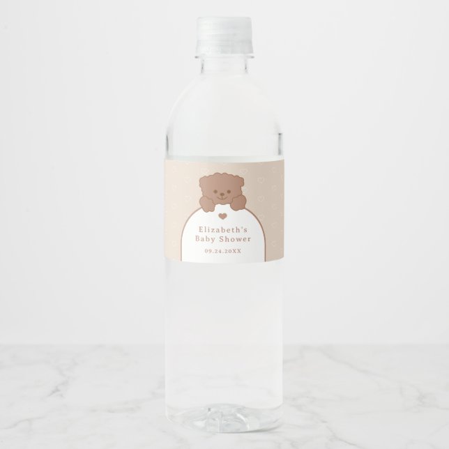 Minimalist Cute Teddy Bear Modern Baby Shower Water Bottle Label (Front)