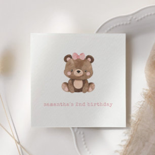 Minimalist Cute Woodland Pink Bear Birthday Party Napkin