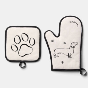 Minimalist Dachshund Art - Your Text, Your Style Oven Mitt & Pot Holder Set