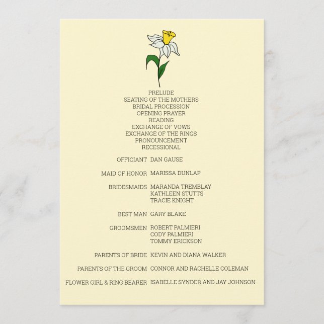 Minimalist Daffodil Wedding Program Programme (Front)