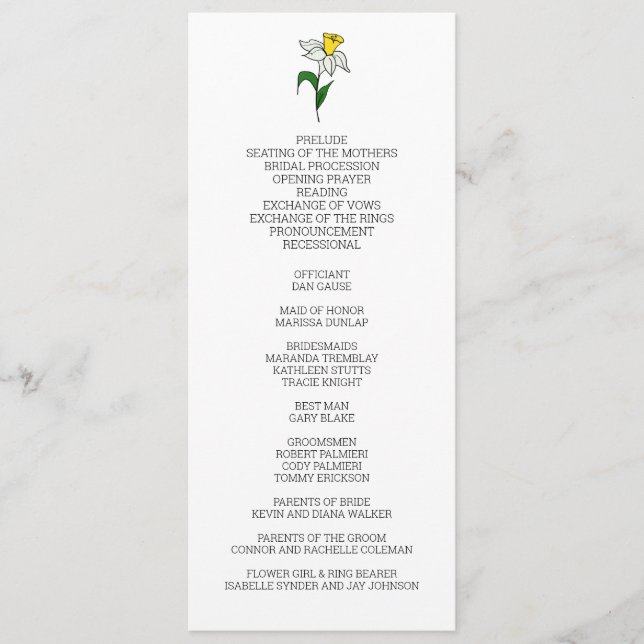 Minimalist Daffodil Wedding Program Programme (Front)