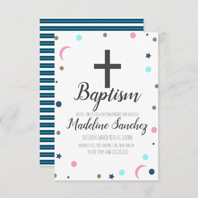 Minimalist Dainty Moon Stars Baptism Christening Invitation (Front/Back)