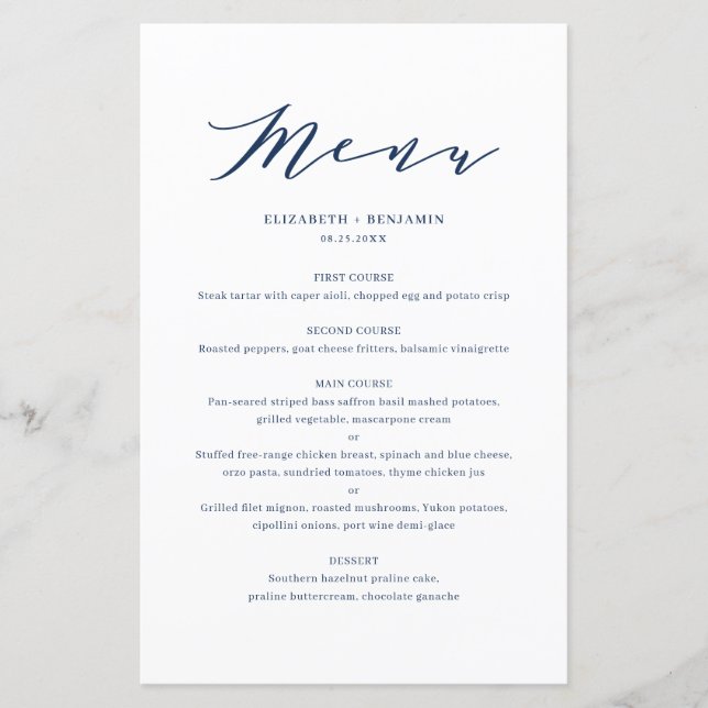 Minimalist Dainty Script Blue Wedding Menu Card (Front)