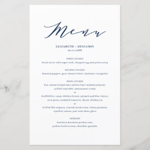 Minimalist Dainty Script Blue Wedding Menu Card